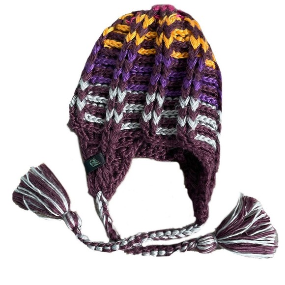 Volcom cable knit tasseled brown rainbow beanie hat LNC Adult One Size - Picture 1 of 7